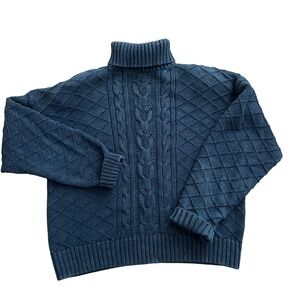 Marsh Landing Navy Blue Cable 3D Knit Turtleneck Sweater Women Sz L Fisherman